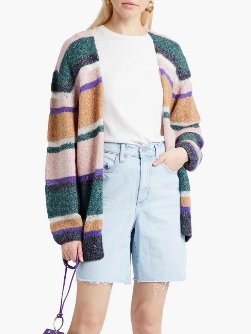 Veronica Beard Open-Front Cozy Cardigan Sweater Pink/Green/Tan Cotton/Wool Blend